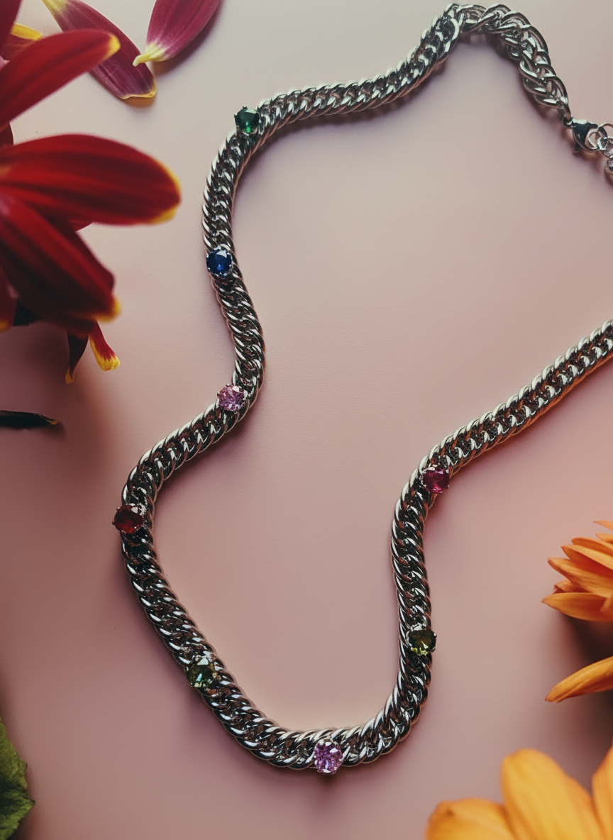 Sahara Necklace in Silver - colorful gemstone chain necklace | Milgo Awad