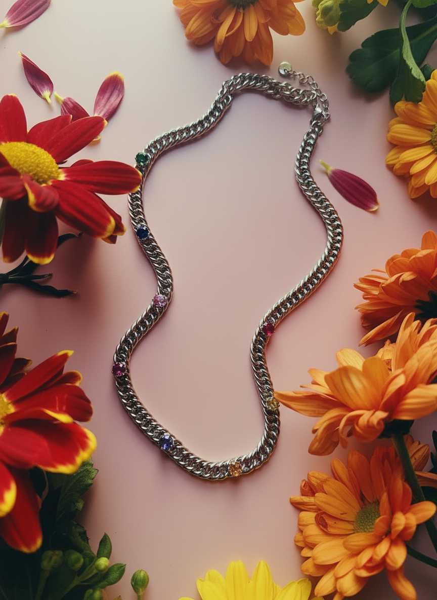 Sahara Necklace in Silver - colorful gemstone chain necklace | Milgo Awad